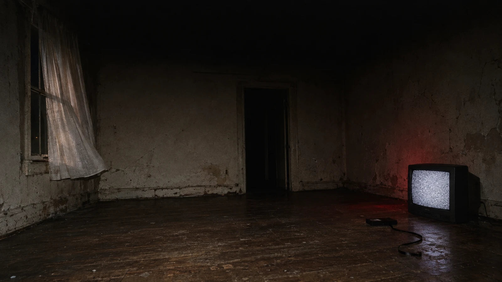 An empty room, a curtained window, and a television glowing with static.